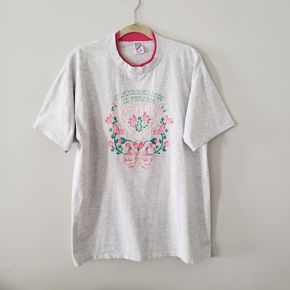 Vintage 1995 Women Grandmas Love Is Forever T-Shirt Top XL Graphic USA Pink Trim